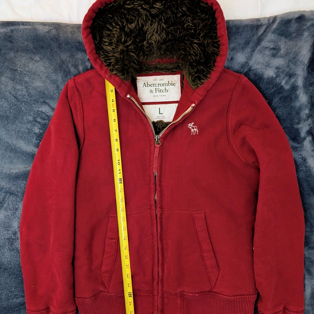 Vintage Abercrombie & Fitch Burgundy Hooded Sweatshirt Faux Fur Lining Rare. - Picture 3 of 9